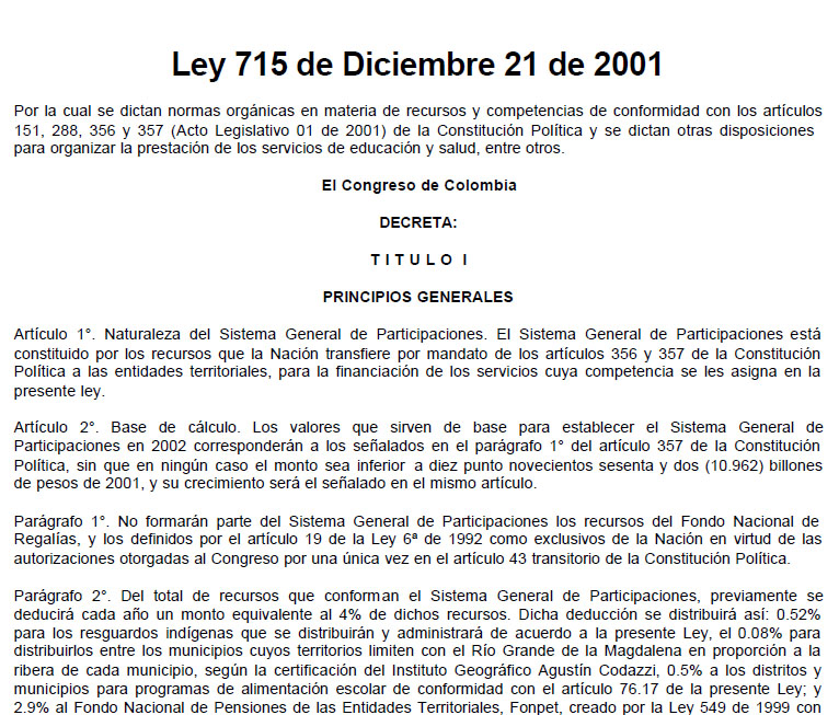 Ley 715 de Diciembre 21 de 2001